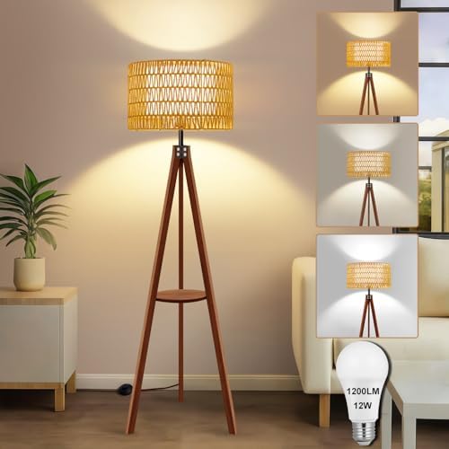 Boho Rattan Floor Lamp with Shelf & Bulb Included, Wicker Tripod Floor Lamp 3 Color Temperatures, Wood Rustic Tall Lamps with Foot Switch, Walnut Boho Standing Lamps for Living Room Bedroom by BetterLightingBetterLife