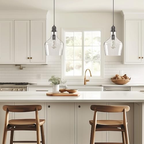 INK+IVY Auburn Pendant Kitchen Lighting for Dining Room, Industrial Lights, Hand-blown Glass Bell Shaped Pendant Light for Kitchen Island, Foyer, Bedroom, 9" Dia x 95.5" H, Bronze/Clear - Image 2