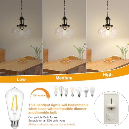 Plug in Pendant Lights Kitchen Island, Modern Matte Black Pendant Light Fixtures with 10" Clear Hammered Glass Shade, Industrial Hanging Pendant Lights Fixture for Kitchen Island Dining Room Entryway - Image 6