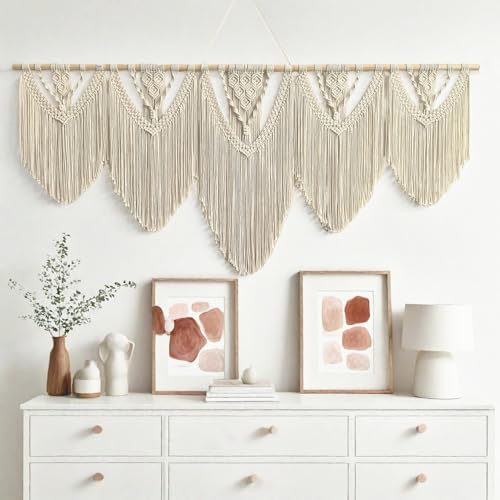 Extral Large macrame wall hanging, 71'' W x 32'' L boho wall art tapestry wall decor for urban entryway,living room,bedroom decor, headboard woven wall art, big fiber art over couch art for Yarn hallway (Beige-C) - Image 3