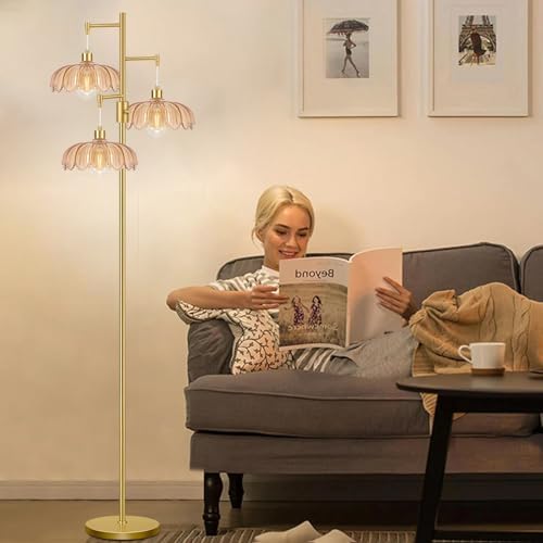 Dimmable Floor Lamp for Living Room Bedroom-3 Light Gold Floor Lamp with Glass Lampshape, Flower Tall Lamp Mid Century Modern Standing Lamp Glass Tree Floor Lamps for Living Room Bedroom,Corner - Image 6