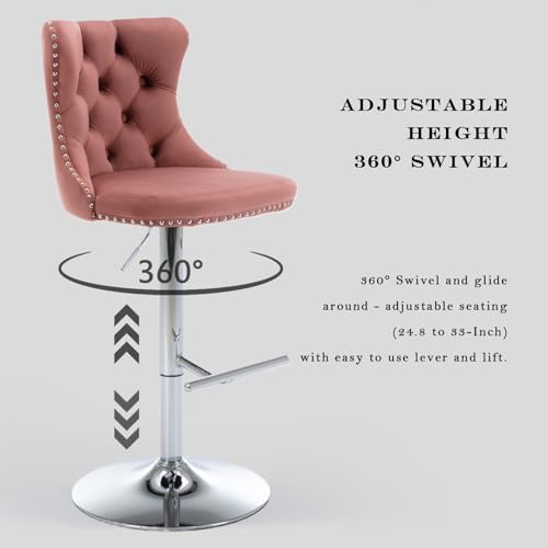 SoarFlash Velvet Bar Stool Set of 2, Adjustable Swivel Bar Stools with Silver Plated Metal Leg, Button Tufted, Footrest, Chrome Nailhead, Counter Height Chair for Kitchen,Dining Room (Pink) - Image 5