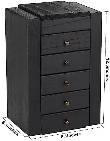 Meangood Jewelry Box Wood for Women, 6-Layer Large Organizer Box with Mirror & 5 Drawers for Rings, Earrings, Necklaces, Vintage Style, Black - Image 7