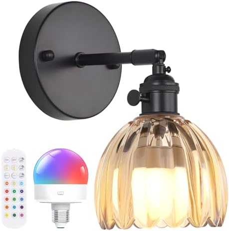 Shenmoyl Vintage Battery Operated Wall Sconce with Amber Tulip Glass Lampshade Rechargeable Battery Powered Black Wall Light with Remote Control for Bedside Bedroom Doorway by Shenmoyl