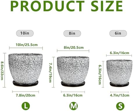 Ceramic Pots for Plants - 10+8+6 Inch Round Flower Pots with Drainage Holes and Saucers, Decorative Planters for Indoor Outdoor, Porch Decor, Housewarming Gifts, Set of 3, White-Black - Image 3