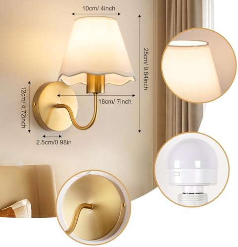 ADISUN Battery Operated Wall Sconce Set of 2, Gold Wall Lamps Rechargeable Bulbs for Living Room, White Rattan Shade, Wireless Wall Lights for Bedroom Living Room Hallway Kitchen(2 Bulbs Included) - Image 2