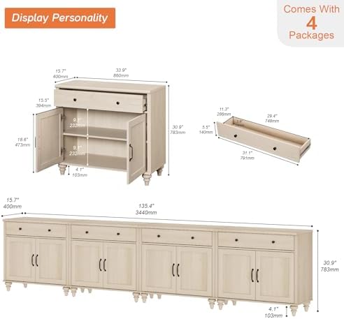 WAMPAT Farmhouse Buffet Cabinet with 8 Doors and 4 Drawers, Beige, 136 inch - Image 2