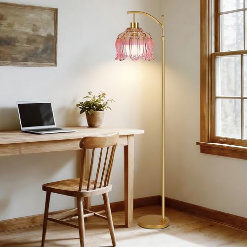 ILLMTW Pink Floor Lamp for Living Room,Bedroom,Glass Mid Century Modern Standing Lamp with Remote,Dimmable Gold Brass Tall Lamp Tulip Flower Arc Floor Light Boho Bohemian - Image 6