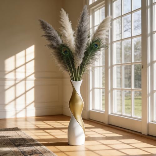 Table Floor Vase 23.6" White Gold, Resin Two-Tone Vase for Dried Pampas Grass Branches, Modern Home Decor for Living Room Shelf Entryway Table Corner - Image 4