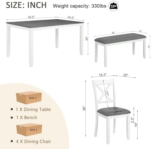 Harper & Bright Designs 6-Piece Wooden Dining Set for 6,Kitchen Furniture Set with Cross Back 4 Dining Chairs and Bench,White+Gray - Image 2
