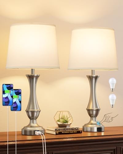 Seealle Upgraded Touch Lamps for Night Stands Set of 2 - Bedside Lamps with USB C+A, 3 Way Dimmable for Bedroom Living Room End Tables Office (White&Nickel) by SeealleLighting