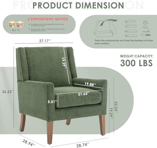 COLAMY Modern Wingback Living Room Chair Set of 2, Upholstered Fabric Accent Armchair, Single Sofa Chair with Lounge Seat and Wood Legs for Bedroom/Office/Reading Spaces, Green - Image 2