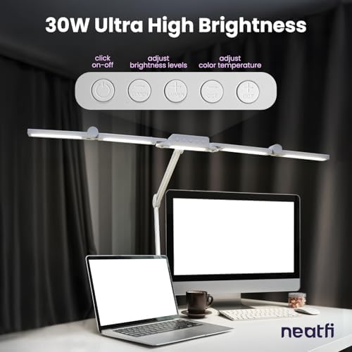 Neatfi Pro LED Desk Lamp | 3,000 Lumens | Dimmable | 360 SMD LEDs, 30W, CRI 95 | Adjustable Light Modes | Task Lamp for Home Office, Study, Workstation (White, 44-Inch, CCT with Clamp) - Image 2