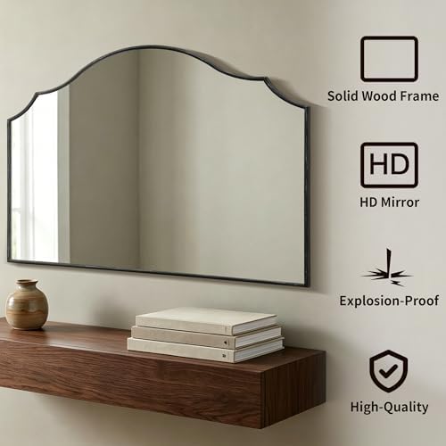 Besdomus Black Scalloped Wall Mirror: 54"x34" Oversized Wood Arched Mirror - Image 2