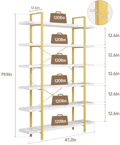 OtterOasis Heavy Duty 6-Tier Industrial Bookcase, 47" Wide Wood Bookshelf for Home Office, 120lbs Shelf Capacity, Open Shelving Display with Reinforced Horizontal Shelf for Living Room Bedroom, White - Image 2