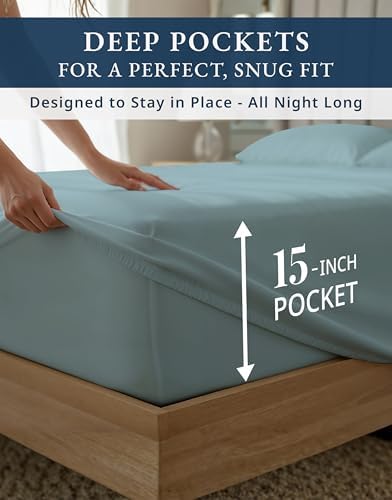LANE LINEN Full Bed Sheets 100% Egyptian Cotton Sateen - French Blue - Image 6