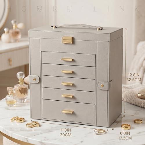 Large Leather Jewelry Box for Women, Mirror, 6 layer, Grey - Image 2