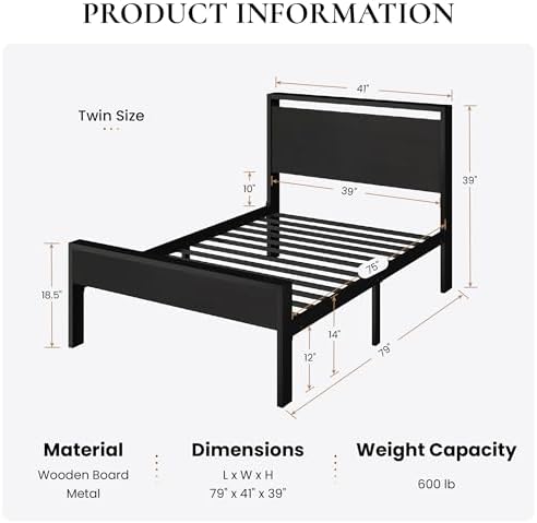 SHA CERLIN 14 Inch Twin Size Metal Platform Bed Frame with Wooden Headboard and Footboard, Mattress Foundation, No Box Spring Needed, Large Under Bed Storage, Heavy Duty Slats Support, Black Oak - Image 2