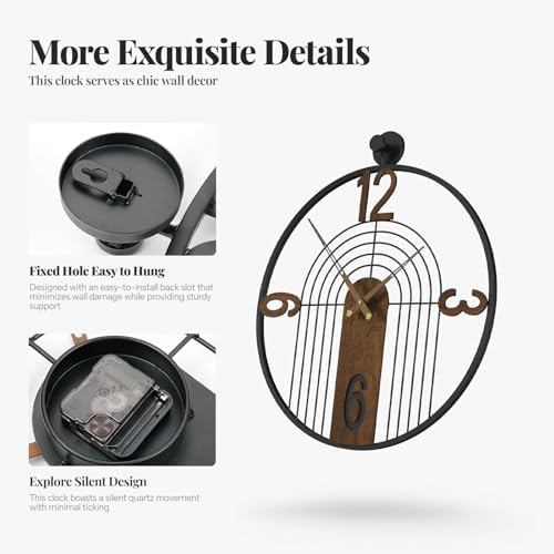 Cuspin 30 Inch Large Wall Clock Modern Black Metal Clock with Walnut Dial - Image 6