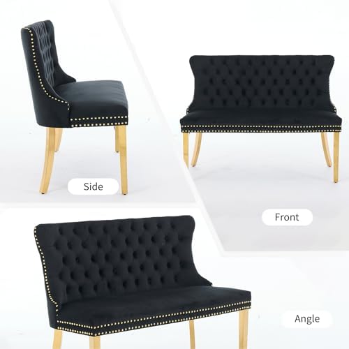 Black Velvet Dining Bench with Back, Tufted Banquette Seating, Gold Legs - Image 6