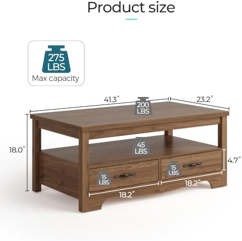 LINSY HOME Farmhouse Coffee Table with Storage, Wood Coffee Table for Living Room, Open Display Area and Storage Drawers with Metal Handles, Chic Style with Curved Base, Walnut - Image 3