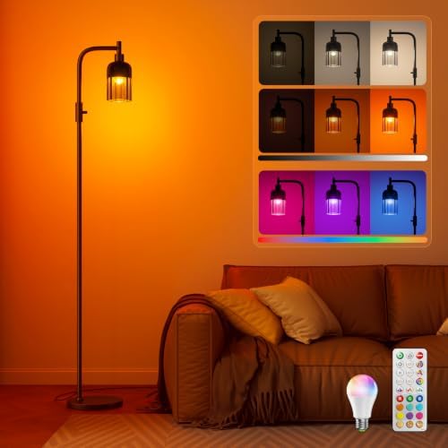 LED Industrial Arc Floor Lamp, 67", RGB, Smoked Ribbed Glass Shade by VARICART