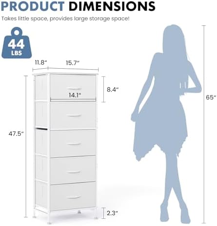 DUMOS Nightstand with 5 Drawers Bedside Table with Removable Fabric Bins Sturdy Steel Frame Wood Top Organizer Furniture for Bedroom Closet Living Room, White - Image 3