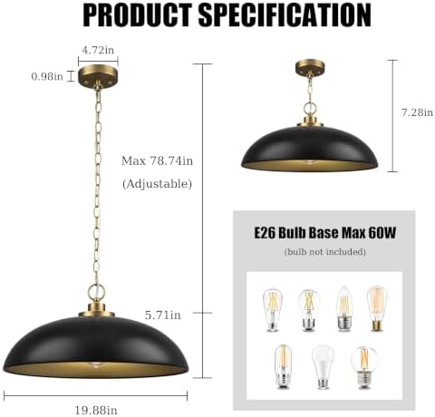 Lingkai 19.8" Modern Pendant Lights Kitchen Island, Black and Gold Dome Pendant Lighting Fixture, Farmhouse Hanging Ceiling Light for Dining Room Living Room Over Table Hallway - Image 5