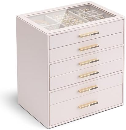 VLANDO 6 Layer Jewelry Box for Women, Glass Lid Jewelry Organizer with 6 Drawers for Necklaces Rings Earrings Bracelets - Light Pink by VLANDO