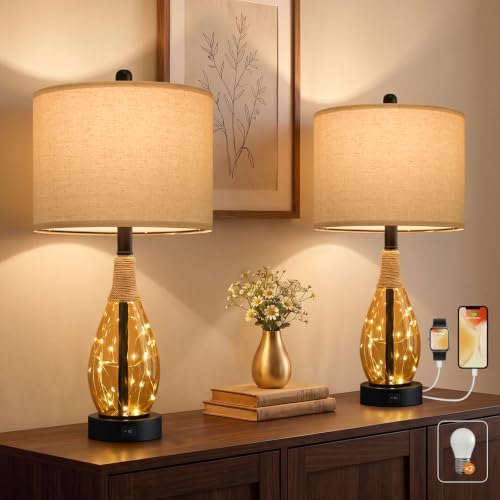 OYEARS 23" Table Lamps for Living Room Set of 2 Bedside Lamps for Night Stands Bedroom Lamps Farmhouse Rattan Boho Lamp Glass Nightlight End Table Lamp,Two Light Points by OYEARS