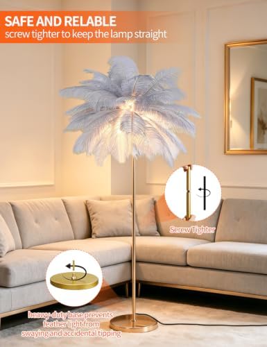 Feather Floor Lamp,Fluffy Ostrich Feather Floor Lamp for Bedroom,3 Color Temperatures Led Corner Modern Floor Lamps for Living Room Christmas Home Decor House Warming Gifts,63″ Height (Grey) - Image 6