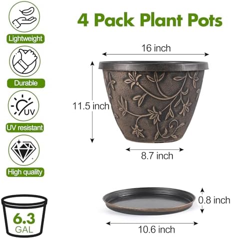 Nooulap 16 Inch Plant Pot Outdoor Indoor, Retro Brown, 4 Pack - Image 3