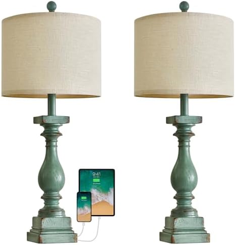 BOBOMOMO 27" Farmhouse Table Lamp Set of 2 with USB A+C for Bedroom Living Room Vintage Rustic Traditional Nightstand Bedside Lamps Retro Side Table Lamps (Green) - Image 5
