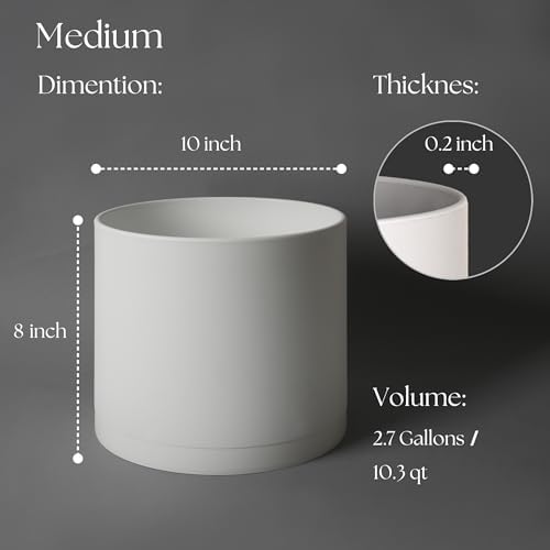 Giraffe Creation 10 Inch Cylinder Plant Pot, Modern Round Planter with Drainage Holes and Saucer, Lightweight Plastic Flower Pot for Indoor Outdoor Plants, White - Image 3