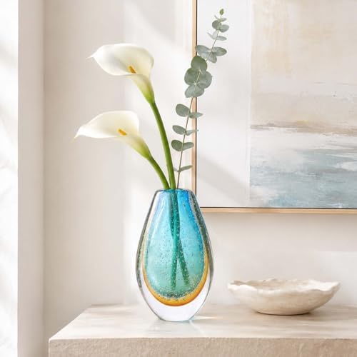 Decorative Glass Flower Vases Blown Vase for Home Decor Living Room Dining Room Shelf Mantel Tabletop Centerpiece Modern Art Deco Style Unique (Green) - Image 7