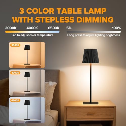 LUTEC 4 Pack Cordless Table Lamp,6000mAh Rechargeable Battery Operated Desk Lamp,Two Adjustable Heights,Waterproof, Touch Control & 3 Color Stepless Dimming for Restaurant/Bedroom/Bars/Outdoor (Black) - Image 2