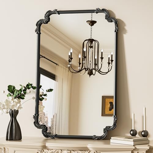 TETOTE Antique Black Rectangle Mirror for Mantle Fireplace 24 x 36 Baroque Vintage Ornate Scroll Wall Mirror with Metal Frame for Traditional Victorian French Decor, Horizontal/Vertical by TETOTE