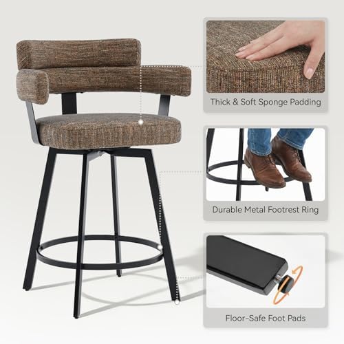 30 Inch Bar Stools Set of 2 with Full Back, Swivel Bar Chairs with Linen Padded Back, Metal Footrest, Modern Bar Height Stools for Kitchen Island, Dining, Living Room, Brown - Image 5