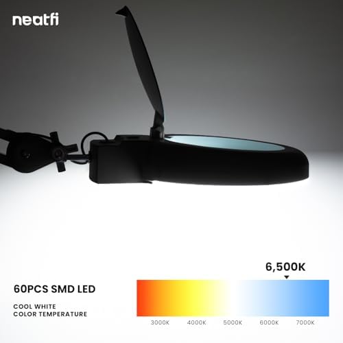 Neatfi LED Magnifying Lamp with Clamp | 12W | 60 SMD LEDs |1,200 Lumens | Adjustable Step Dimming | 2.25x Magnification Desk Lamp Magnifier for Crafts, Painting, and Hobbies (Black-2, 5-Diopter) - Image 4