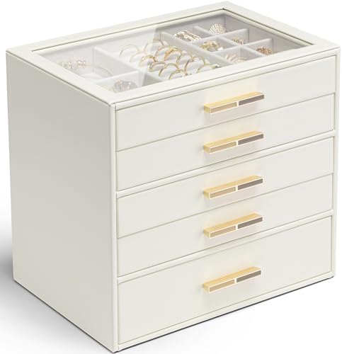 VLANDO 5 Layer Jewelry Box for Women, Glass Lid Jewelry Organizer with 5 Drawers for Necklaces Rings Earrings Bracelets - Cloud White by VLANDO