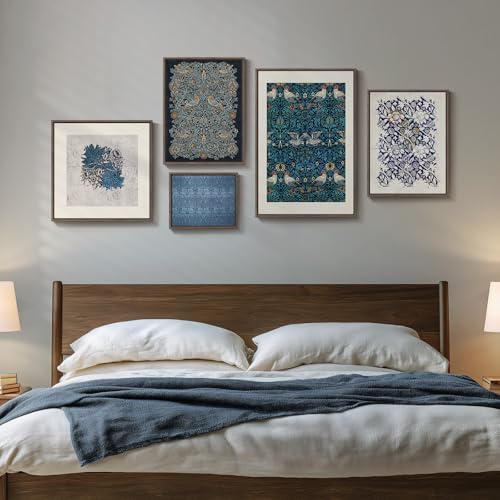 Framed William Morris Vintage Blue Canvas Wall Art for Living Room, 5 Piece - Image 3