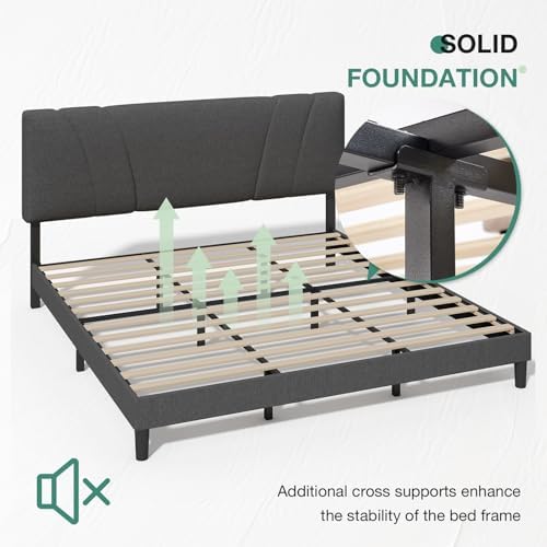 Novilla King Bed Frame and Headboard, Linen Upholstered King Size Bed Frame with Wood Slats Support, No Box Spring Needed, Heavy Duty Feet, Easy Assembly, Grey - Image 6