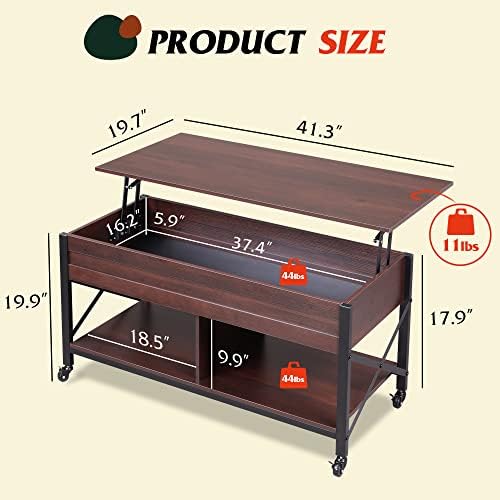 WLIVE Coffee Table Espresso, 41.3" Lift Top Coffee Table with 4 Wheels - Image 3