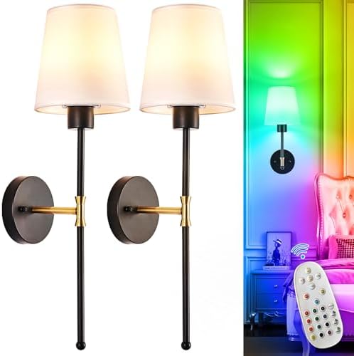 Depuley Battery Operated Wall Sconce: Set of 2 Wireless Wall Lights with Remote for Bedroom - Rechargeable 15 Colors Black and Gold Wall Lamp for Living Room Hallway by Depuley