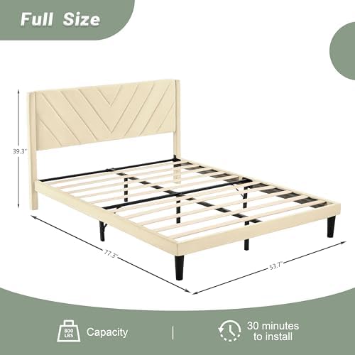 Full Size Platform Bed Frame with Velvet Headboard, Wing Edge, Sturdy Wooden Slats, Noise-Free, No Box Spring Needed, Easy Assembly, Beige - Image 2