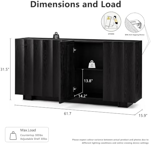 win2win 61.7" Fluted Sideboard Buffet Cabinet with Storage, Black - Image 2
