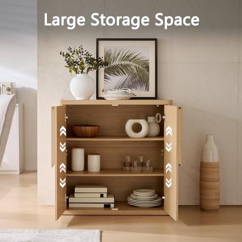31.14'' Sideboard Buffet Cabinet W/Storage, Modern Accent Cabinets W/Curved Handles & Adjustable Shelves, 2 Doors Coffee Bar Buffet Table Credenza for Living Room Kitchen Hallway, Natural Oak - Image 4