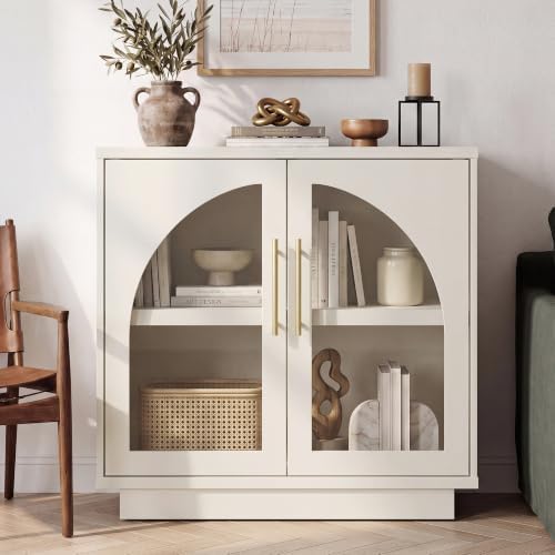 Fatmok Arched Glass Sideboard Buffet Accent Cabinet, 31.5" Display Credenza with Adjustable Shelf,4-Piece Modular Coffee Station Storage for Kitchen Living Room Bedroom, Beige(Not White) - Image 6