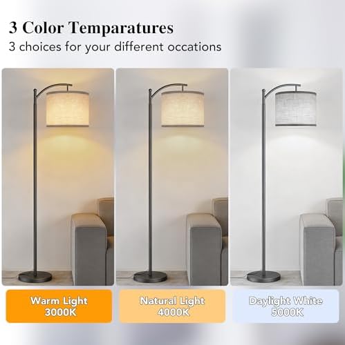 Floor Lamp for Living Room with 3 Color Temperatures LED Bulb, Standing Lamp Tall Industrial Floor Lamp Reading for Bedroom, Office (9W LED Bulb, Beige Lampshade Included) -Grey - Image 2
