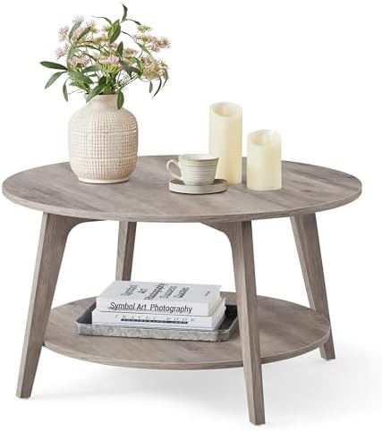 VASAGLE Round Coffee Table, 2-Tier Center Table with Storage, Tapered Legs by VASAGLEbySONGMICSHOME
